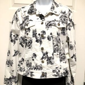 Black and white jean jacket with roses.